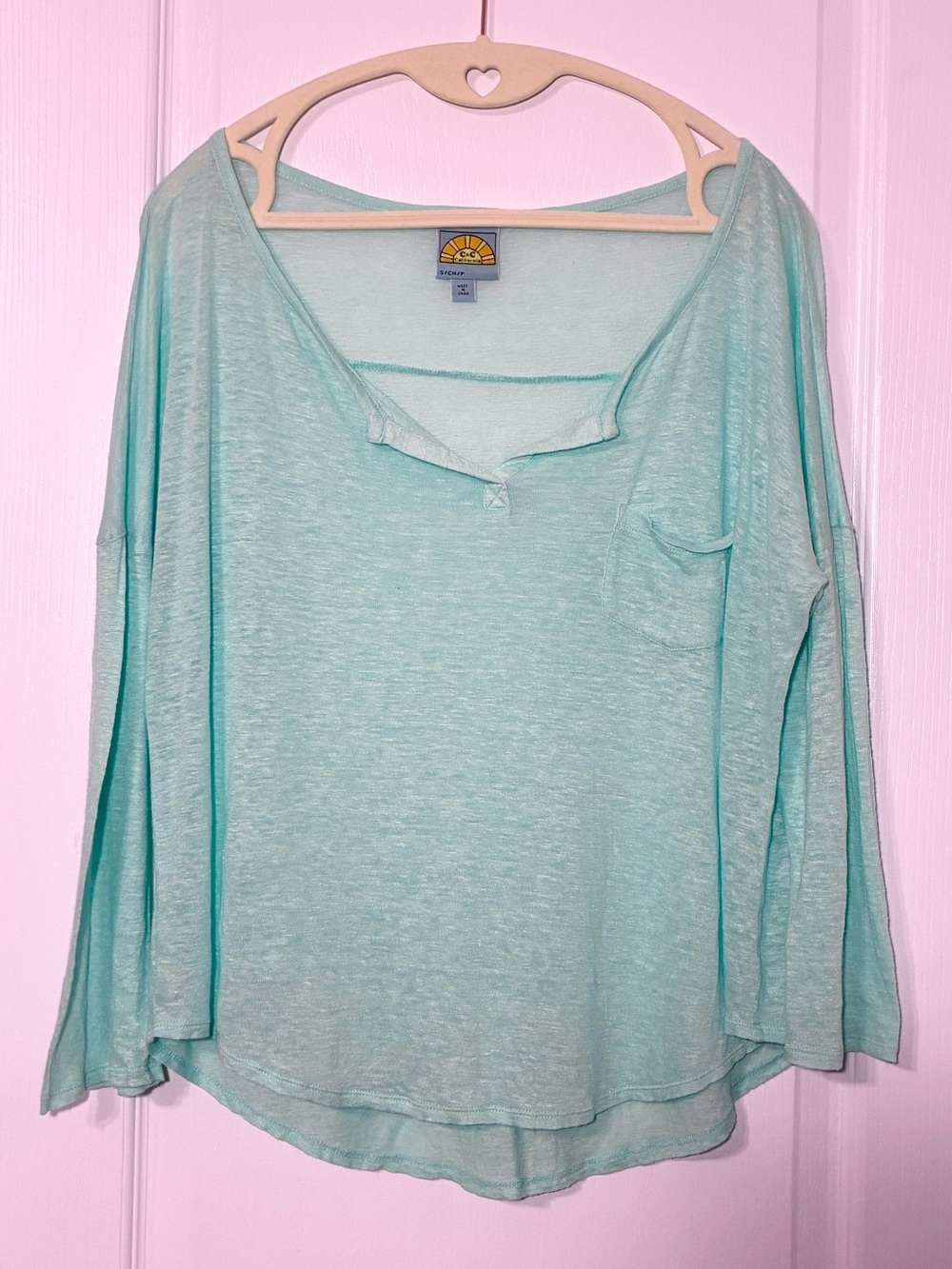 C&C California LINEN Blend Relaxed Fit Long Sleeve Pocket Tee Aqua Small